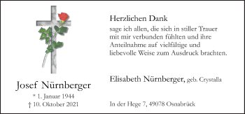 Traueranzeige von Josef Nürnberger von Neue Osnabrücker Zeitung GmbH & Co. KG