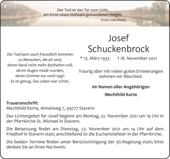 Traueranzeige von Josef Schuckenbrock von Neue Osnabrücker Zeitung GmbH & Co. KG