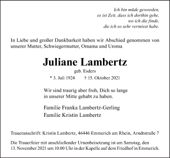 Traueranzeige von Juliane Lambertz von Neue Osnabrücker Zeitung GmbH & Co. KG