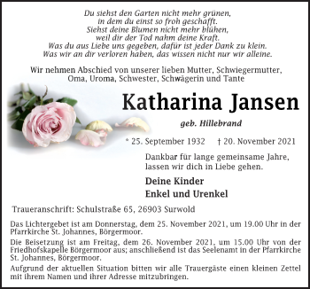 Traueranzeige von Katharina Jansen von Neue Osnabrücker Zeitung GmbH & Co. KG