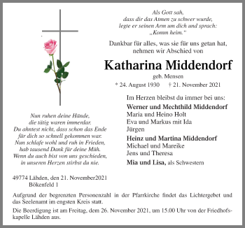 Traueranzeige von Katharina Middendorf von Neue Osnabrücker Zeitung GmbH & Co. KG