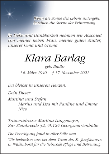Traueranzeige von Klara Barlag von Neue Osnabrücker Zeitung GmbH & Co. KG