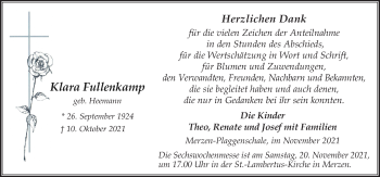 Traueranzeige von Klara Fullenkamp von Neue Osnabrücker Zeitung GmbH & Co. KG