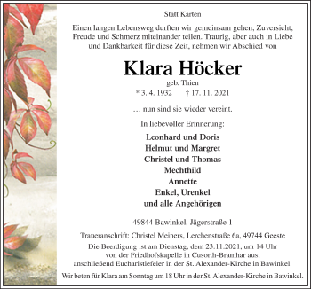 Traueranzeige von Klara Höcker von Neue Osnabrücker Zeitung GmbH & Co. KG