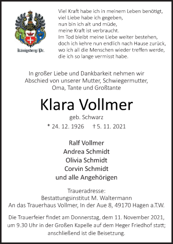 Traueranzeige von Klara Vollmer von Neue Osnabrücker Zeitung GmbH & Co. KG