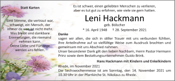 Traueranzeige von Leni Hackmann von Neue Osnabrücker Zeitung GmbH & Co. KG