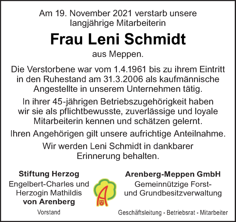  Traueranzeige für Leni Schmidt vom 20.11.2021 aus Neue Osnabrücker Zeitung GmbH & Co. KG