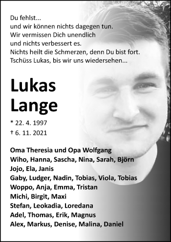 Traueranzeige von Lukas Lange von Neue Osnabrücker Zeitung GmbH & Co. KG