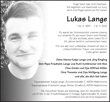 Traueranzeige von Lukas Lange von Neue Osnabrücker Zeitung GmbH & Co. KG