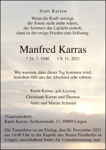 Traueranzeige von Manfred Karras von Neue Osnabrücker Zeitung GmbH & Co. KG