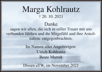 Traueranzeige von Marga Kohlrautz von Neue Osnabrücker Zeitung GmbH & Co. KG