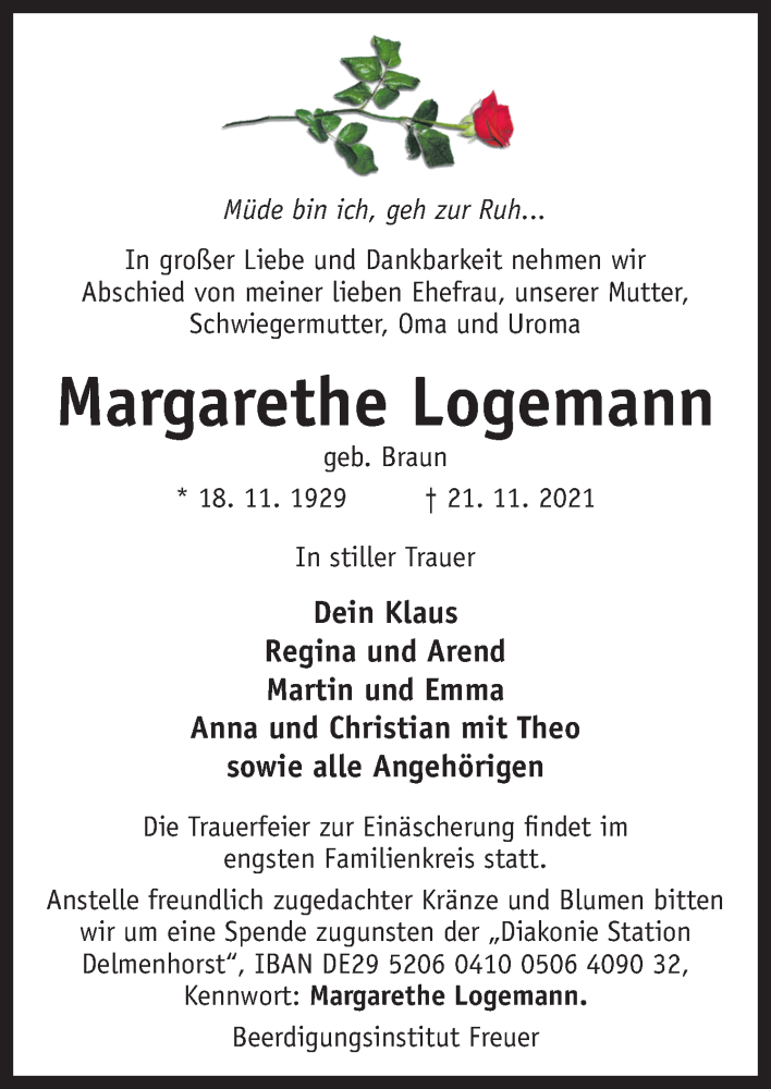  Traueranzeige für Margarethe Logemann vom 24.11.2021 aus Neue Osnabrücker Zeitung GmbH & Co. KG