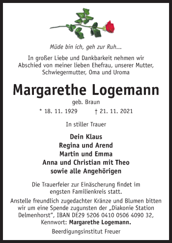 Traueranzeige von Margarethe Logemann von Neue Osnabrücker Zeitung GmbH & Co. KG