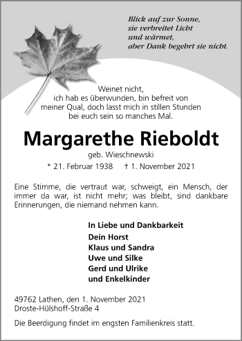 Traueranzeige von Margarethe Rieboldt von Neue Osnabrücker Zeitung GmbH & Co. KG