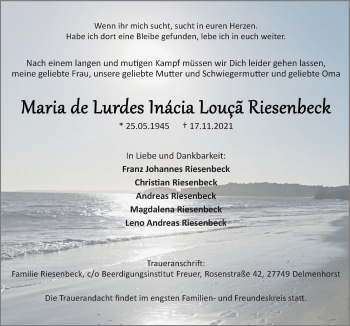 Traueranzeige von Maria de Lurdes Inacia Louca Riesenbeck von Neue Osnabrücker Zeitung GmbH & Co. KG