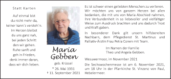 Traueranzeige von Maria Gebben von Neue Osnabrücker Zeitung GmbH & Co. KG