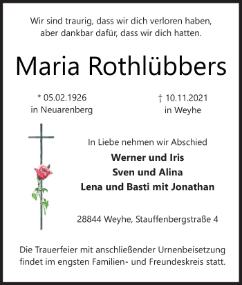 Traueranzeige von Maria Rothlübbers von Neue Osnabrücker Zeitung GmbH & Co. KG