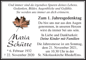 Traueranzeige von Maria Schütte von Neue Osnabrücker Zeitung GmbH & Co. KG