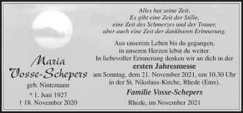 Traueranzeige von Maria Vosse-Schepers von Neue Osnabrücker Zeitung GmbH & Co. KG