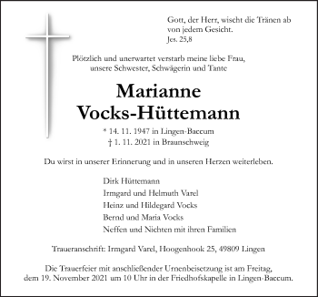 Traueranzeige von Marianne Vocks-Hüttemann von Neue Osnabrücker Zeitung GmbH & Co. KG