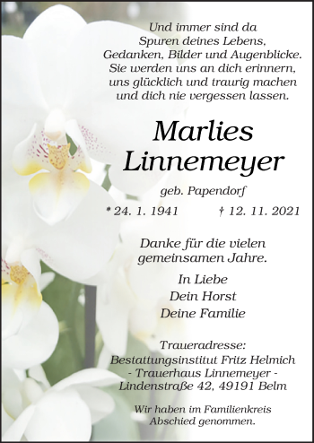 Traueranzeige von Marlies Linnemeyer von Neue Osnabrücker Zeitung GmbH & Co. KG