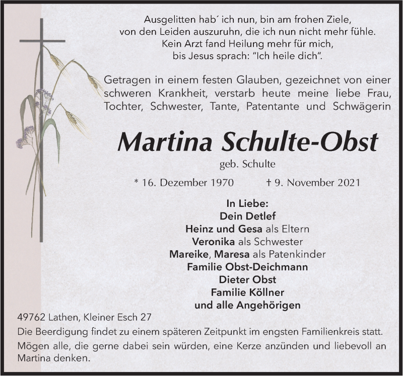  Traueranzeige für Martina Schulte-Obst vom 13.11.2021 aus Neue Osnabrücker Zeitung GmbH & Co. KG