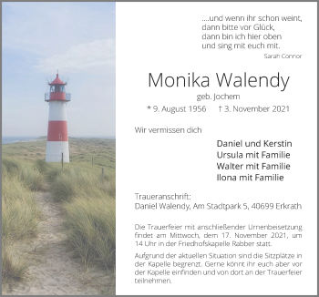 Traueranzeige von Monika Walendy von Neue Osnabrücker Zeitung GmbH & Co. KG