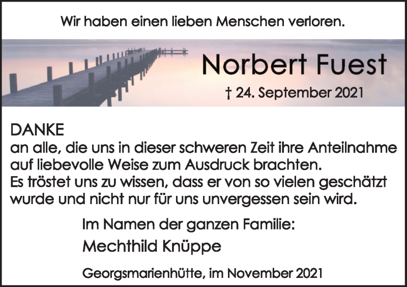  Traueranzeige für Norbert Fuest vom 13.11.2021 aus Neue Osnabrücker Zeitung GmbH & Co. KG