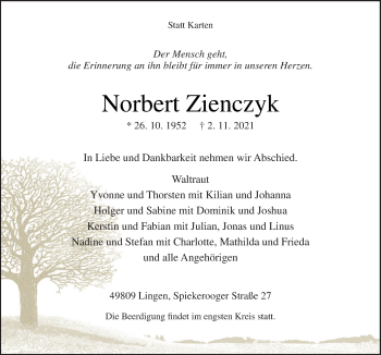 Traueranzeige von Norbert Zienczyk von Neue Osnabrücker Zeitung GmbH & Co. KG