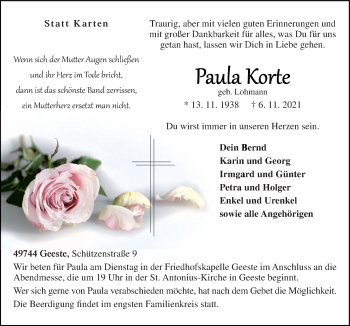 Traueranzeige von Paula Korte von Neue Osnabrücker Zeitung GmbH & Co. KG