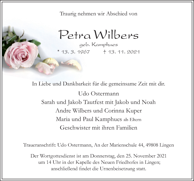  Traueranzeige für Petra Wilbers vom 20.11.2021 aus Neue Osnabrücker Zeitung GmbH & Co. KG