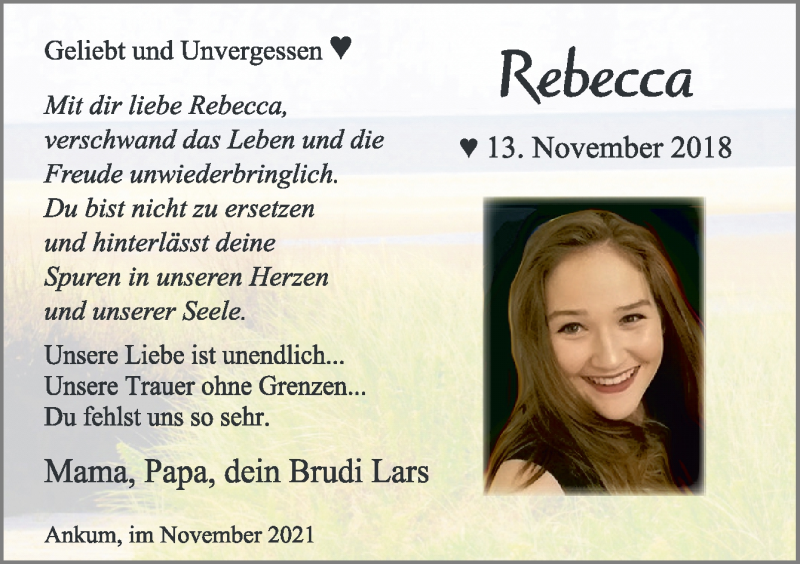  Traueranzeige für Rebecca Fleddermann vom 13.11.2021 aus Neue Osnabrücker Zeitung GmbH & Co. KG