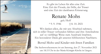 Traueranzeige von Renate Mohs von Neue Osnabrücker Zeitung GmbH & Co. KG