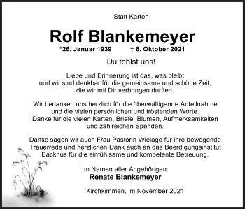 Traueranzeige von Rolf Blankemeyer von Neue Osnabrücker Zeitung GmbH & Co. KG