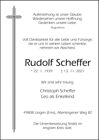 Traueranzeige von Rudolf Scheffer von Neue Osnabrücker Zeitung GmbH & Co. KG
