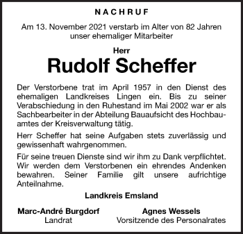 Traueranzeige von Rudolf Scheffer von Neue Osnabrücker Zeitung GmbH & Co. KG