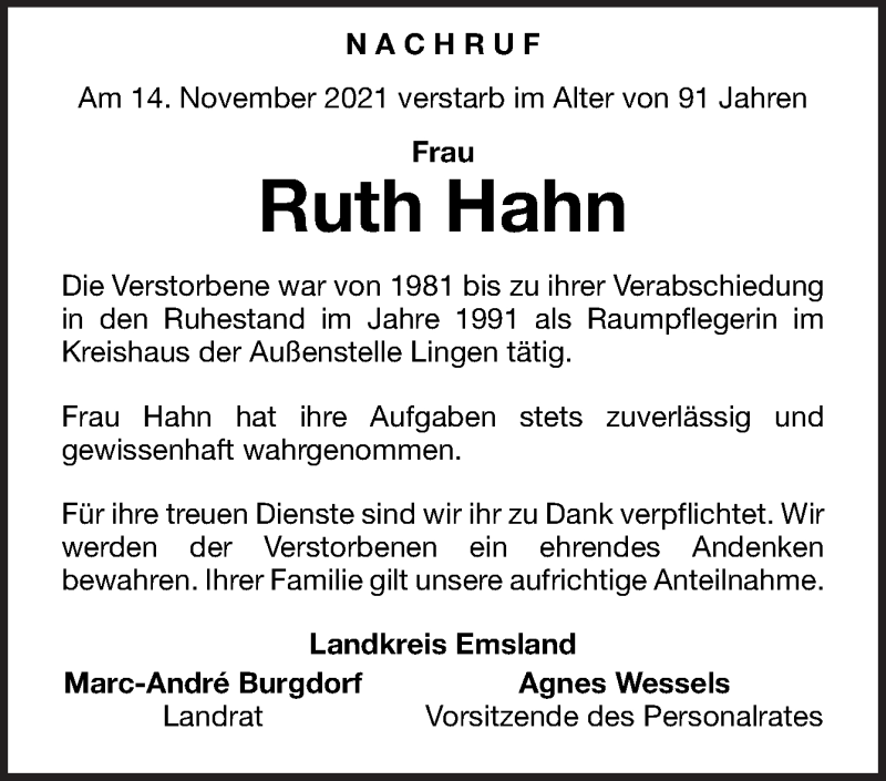  Traueranzeige für Ruth Hahn vom 24.11.2021 aus Neue Osnabrücker Zeitung GmbH & Co. KG