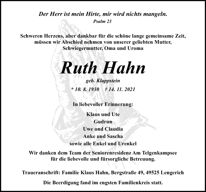  Traueranzeige für Ruth Hahn vom 20.11.2021 aus Neue Osnabrücker Zeitung GmbH & Co. KG