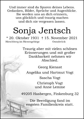 Traueranzeige von Sonja Jentsch von Neue Osnabrücker Zeitung GmbH & Co. KG