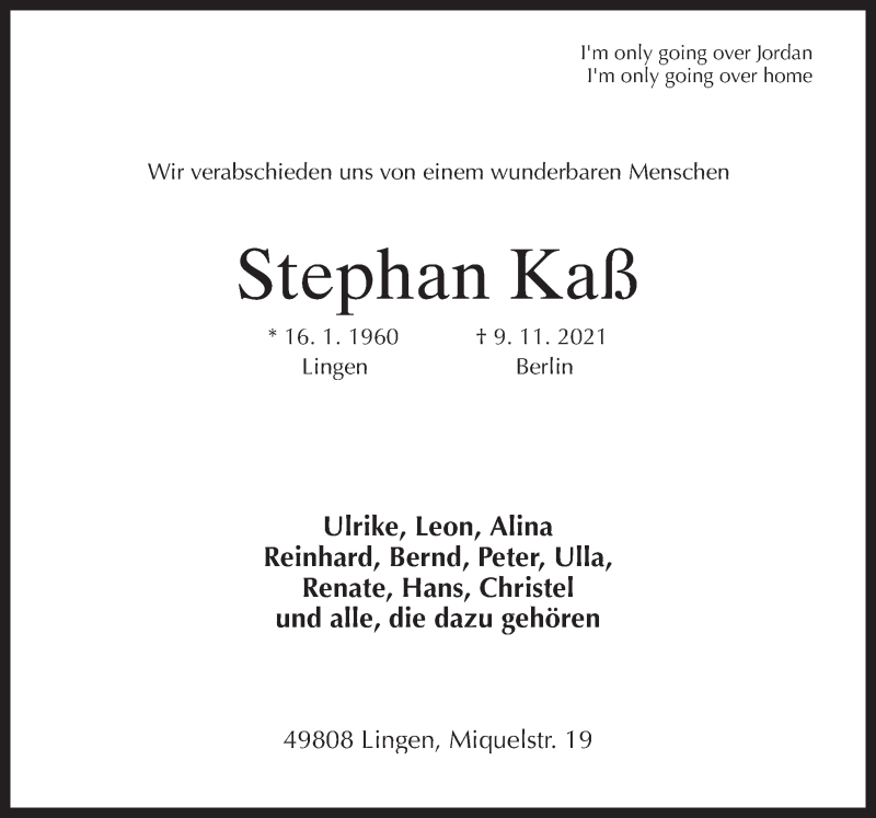  Traueranzeige für Stephan Kaß vom 13.11.2021 aus Neue Osnabrücker Zeitung GmbH & Co. KG