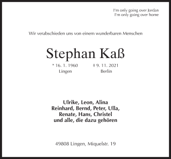 Traueranzeige von Stephan Kaß von Neue Osnabrücker Zeitung GmbH & Co. KG