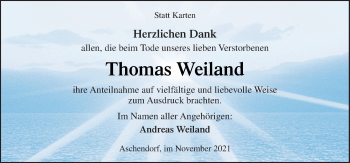 Traueranzeige von Thomas Weiland von Neue Osnabrücker Zeitung GmbH & Co. KG