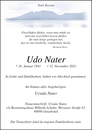 Traueranzeige von Udo Nater von Neue Osnabrücker Zeitung GmbH & Co. KG