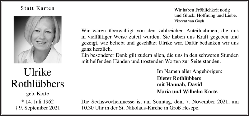  Traueranzeige für Ulrike Rothlübbers vom 04.11.2021 aus Neue Osnabrücker Zeitung GmbH & Co. KG