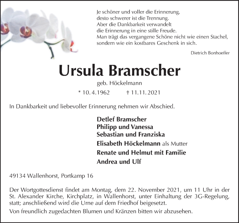  Traueranzeige für Ursula Bramscher vom 17.11.2021 aus Neue Osnabrücker Zeitung GmbH & Co. KG