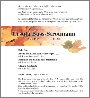 Traueranzeige von Ursula Buss-Strotmann von Neue Osnabrücker Zeitung GmbH & Co. KG