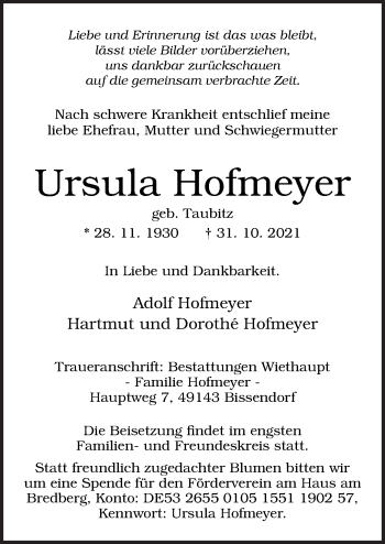 Traueranzeige von Ursula Hofmeyer von Neue Osnabrücker Zeitung GmbH & Co. KG