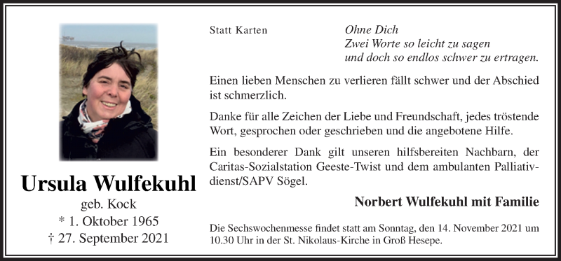  Traueranzeige für Ursula Wulfekuhl vom 10.11.2021 aus Neue Osnabrücker Zeitung GmbH & Co. KG