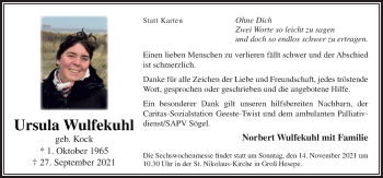 Traueranzeige von Ursula Wulfekuhl von Neue Osnabrücker Zeitung GmbH & Co. KG