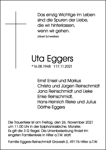 Traueranzeige von Uta Eggers von Neue Osnabrücker Zeitung GmbH & Co. KG